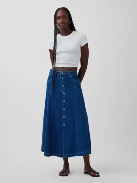 Maxirock aus Denim mit Nahtdetails und Knopfleiste