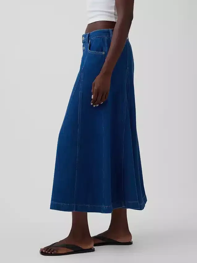 Maxirock aus Denim mit Nahtdetails und Knopfleiste