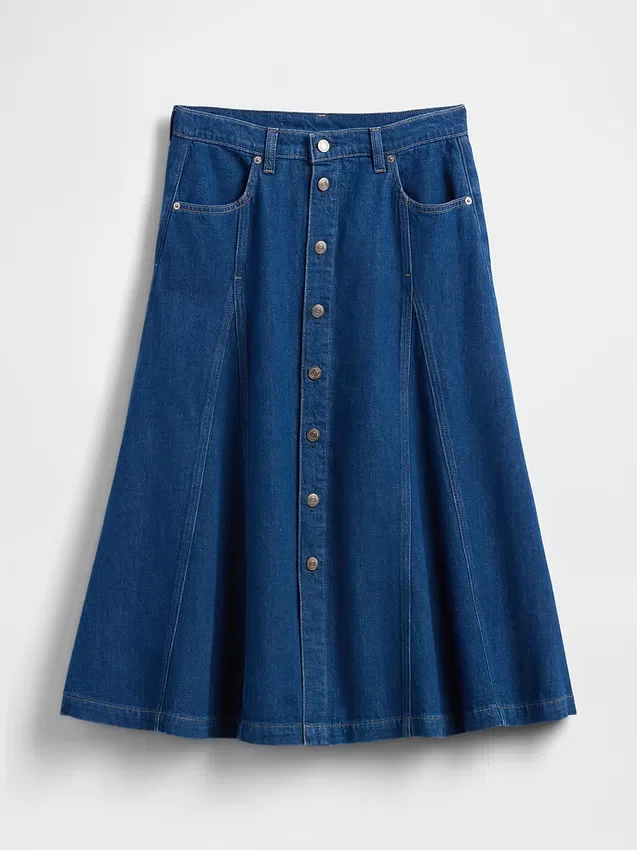 Maxirock aus Denim mit Nahtdetails und Knopfleiste