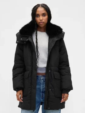 Midi-Daunenjacke mit Kunstfellbesatz