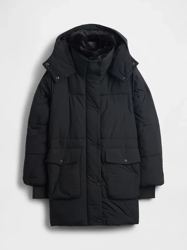 Midi-Daunenjacke mit Kunstfellbesatz
