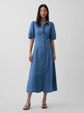 Midi-Hemdkleid aus Denim mit Barrel-Ärmeln