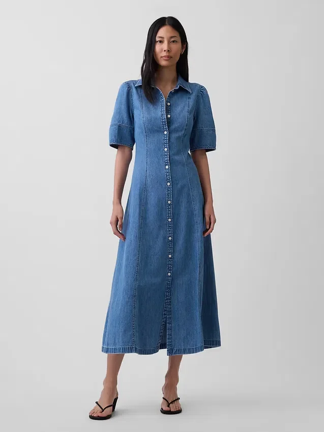 Midi-Hemdkleid aus Denim mit Barrel-Ärmeln