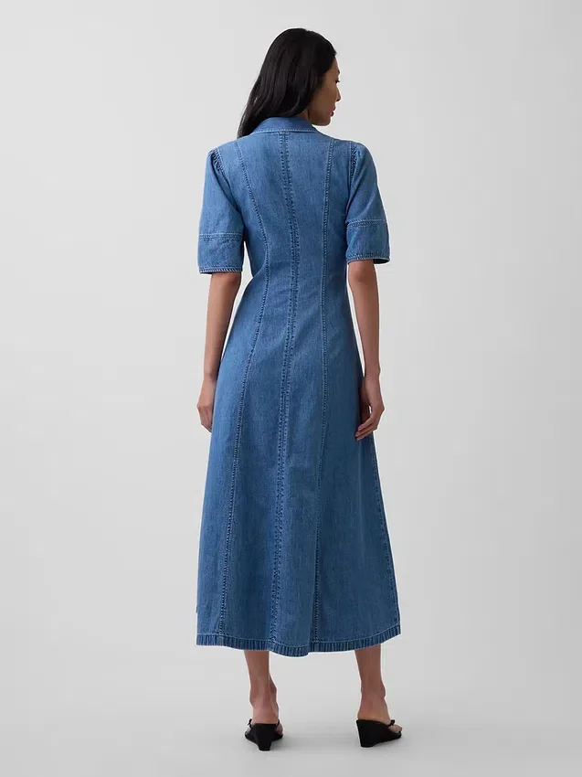 Midi-Hemdkleid aus Denim mit Barrel-Ärmeln