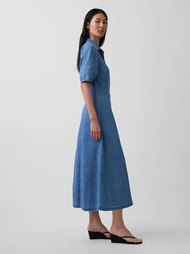 Midi-Hemdkleid aus Denim mit Barrel-Ärmeln