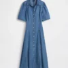 Midi-Hemdkleid aus Denim mit Barrel-Ärmeln