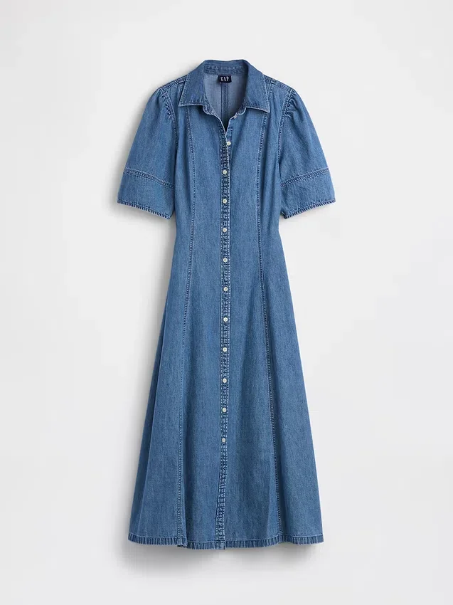 Midi-Hemdkleid aus Denim mit Barrel-Ärmeln