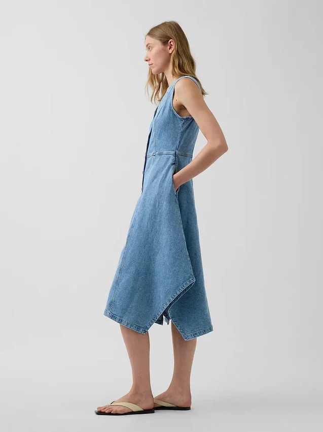 Midi-Kleid aus Denim mit Handkerchief-Saum