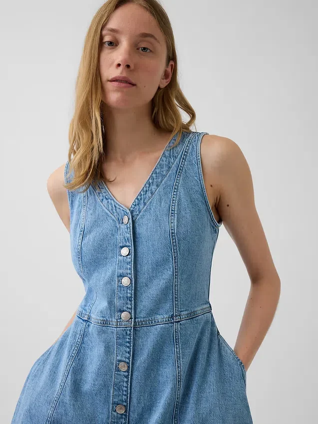 Midi-Kleid aus Denim mit Handkerchief-Saum