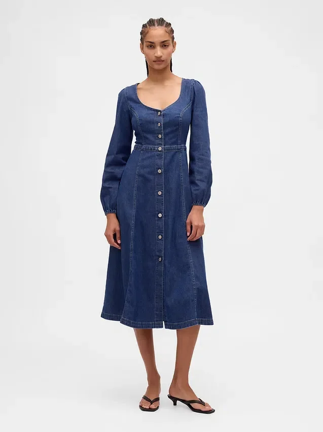 Midi-Kleid aus Denim mit Herzausschnitt