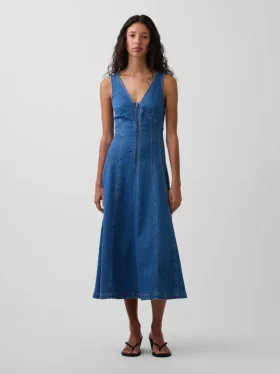 Midi-Kleid aus Denim mit Naht und Reißverschluss vorne