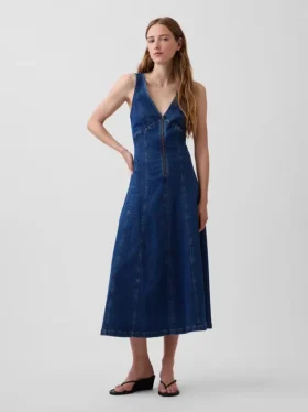 Midi-Kleid aus Denim mit Naht und Reißverschluss vorne