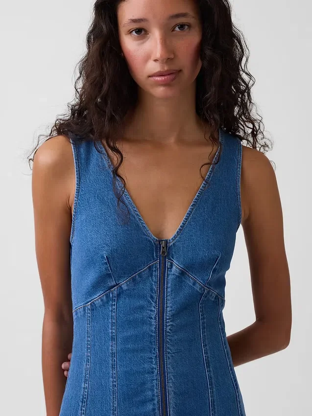 Midi-Kleid aus Denim mit Naht und Reißverschluss vorne
