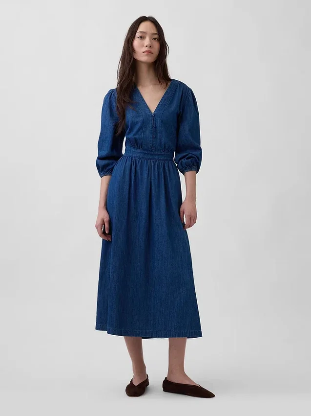 Midi-Kleid aus Denim mit Patchwork-Taille