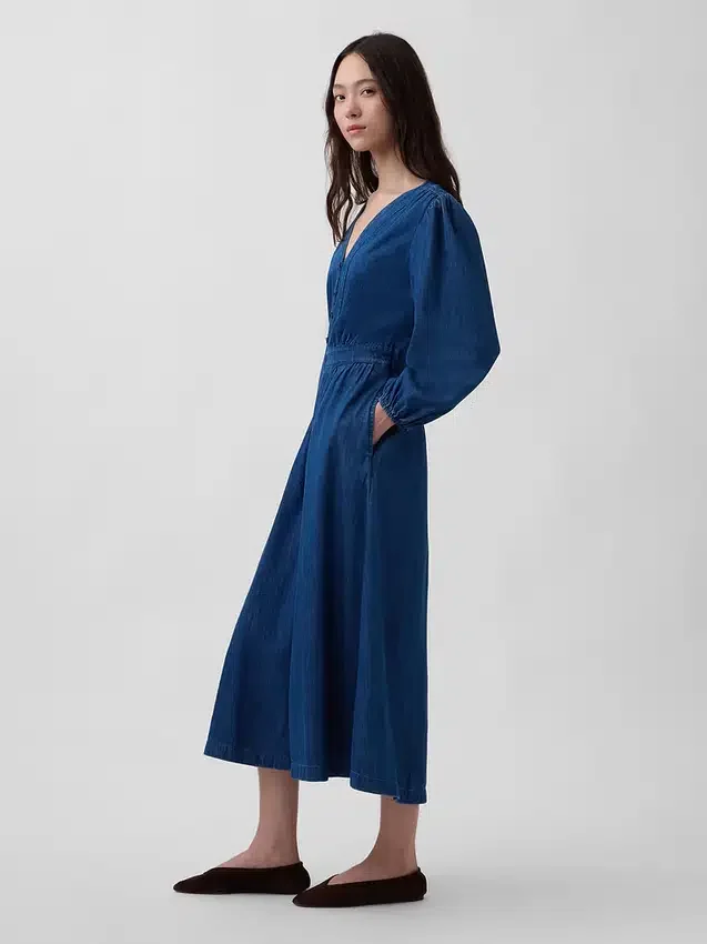 Midi-Kleid aus Denim mit Patchwork-Taille