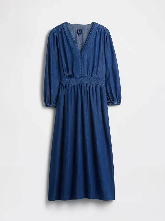 Midi-Kleid aus Denim mit Patchwork-Taille