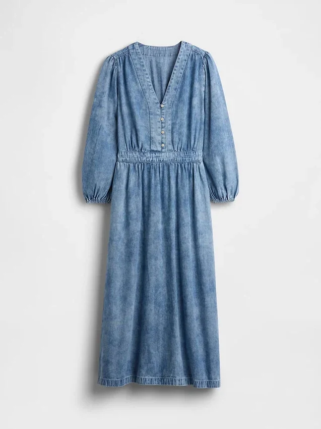 Midi-Kleid aus Denim mit Patchwork-Taille