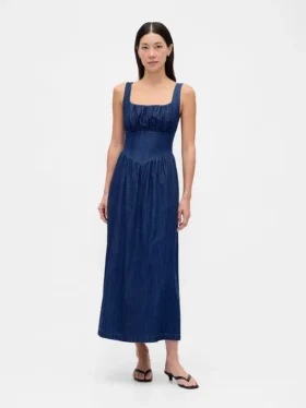 Midi-Kleid aus Denim mit tief sitzender Taille im Korsettstil