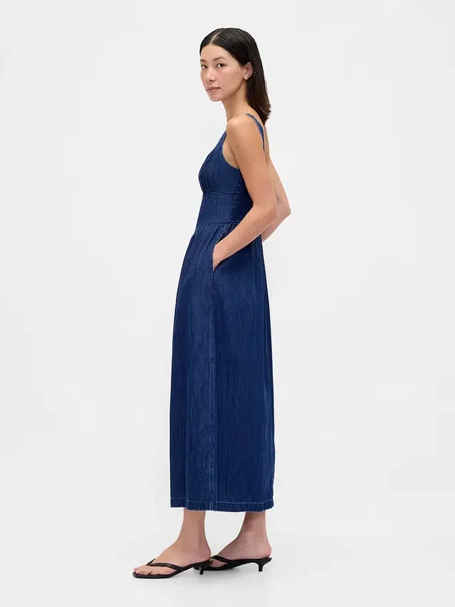 Midi-Kleid aus Denim mit tief sitzender Taille im Korsettstil