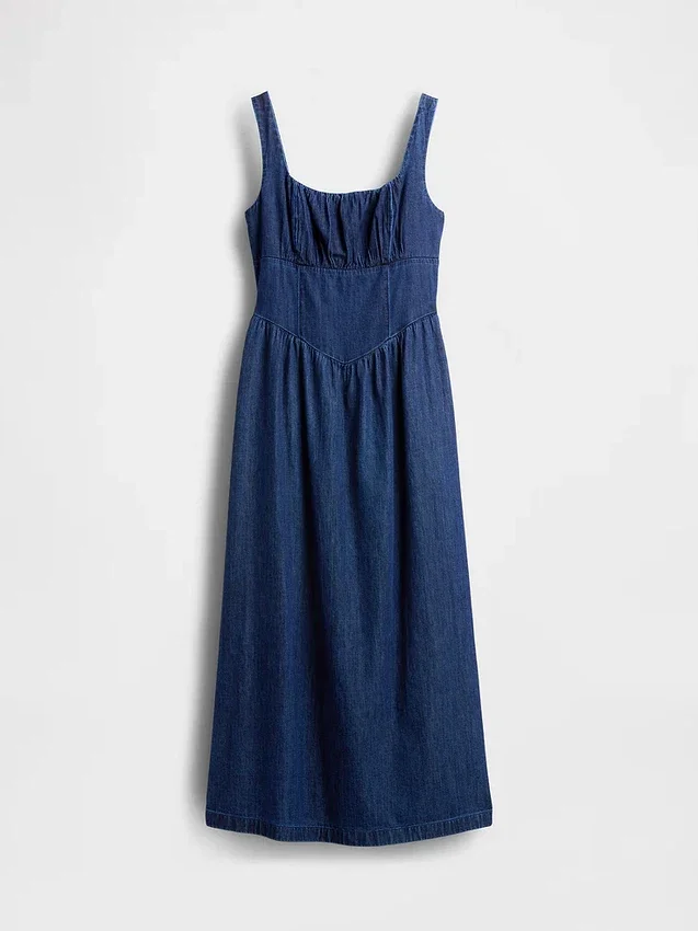 Midi-Kleid aus Denim mit tief sitzender Taille im Korsettstil