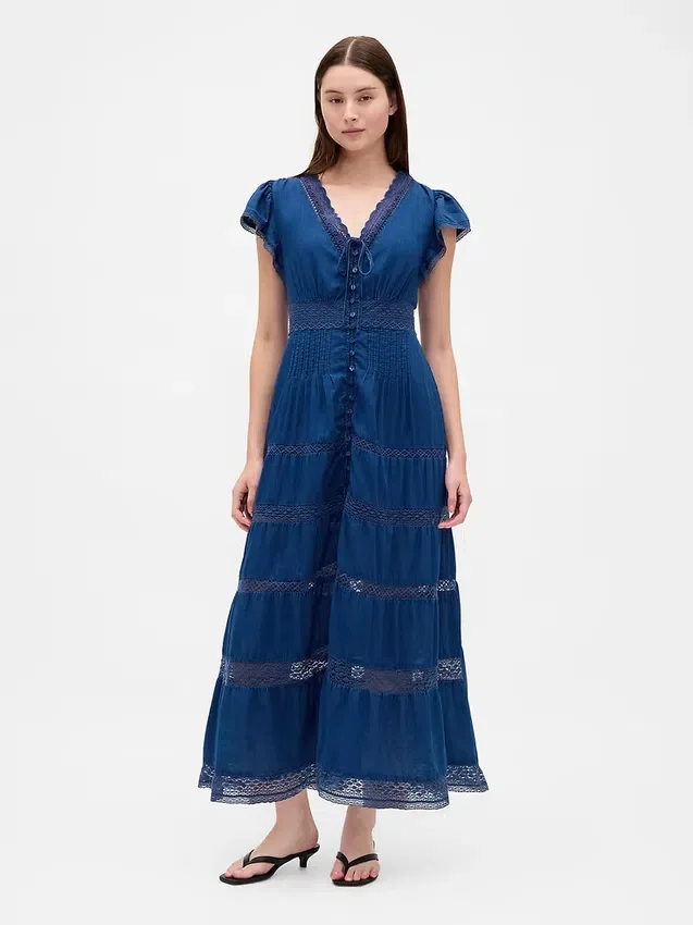 Midi-Kleid mit Spitzenbesatz