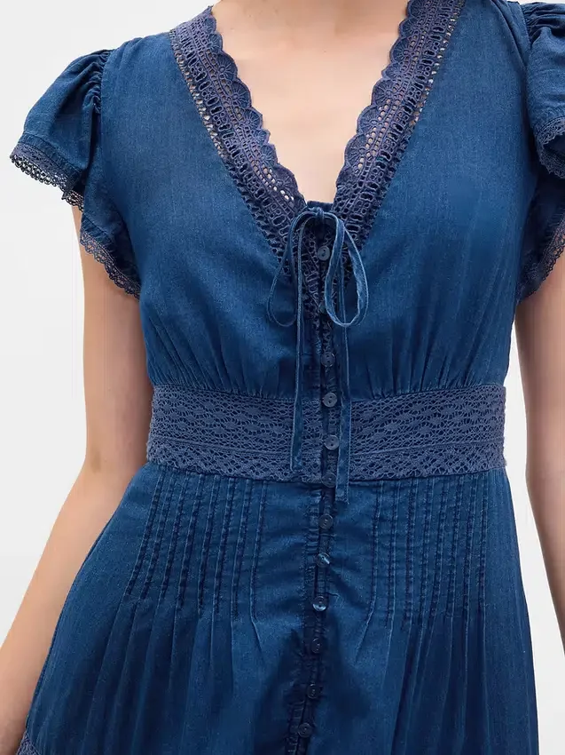 Midi-Kleid mit Spitzenbesatz