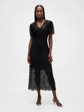 Midi-Kleid mit V-Ausschnitt und Spitze