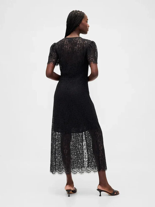 Midi-Kleid mit V-Ausschnitt und Spitze