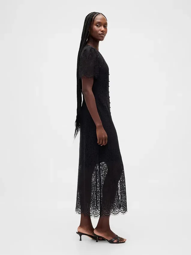 Midi-Kleid mit V-Ausschnitt und Spitze