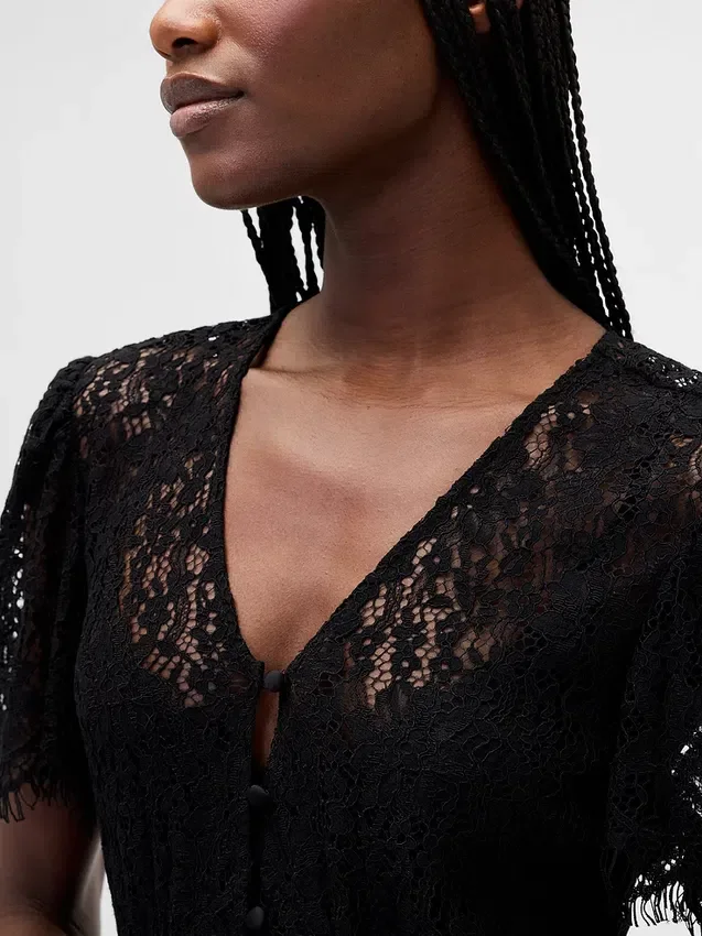 Midi-Kleid mit V-Ausschnitt und Spitze