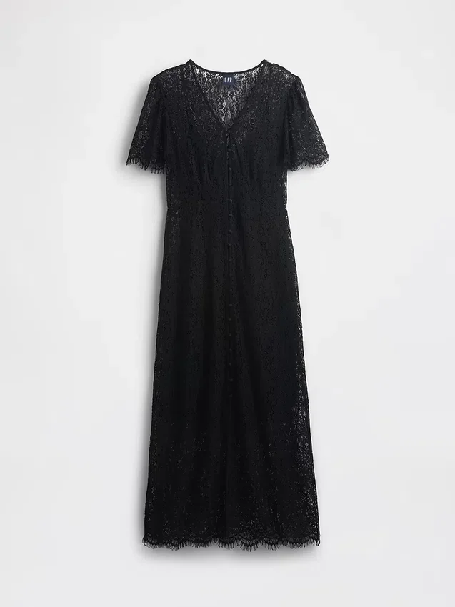 Midi-Kleid mit V-Ausschnitt und Spitze