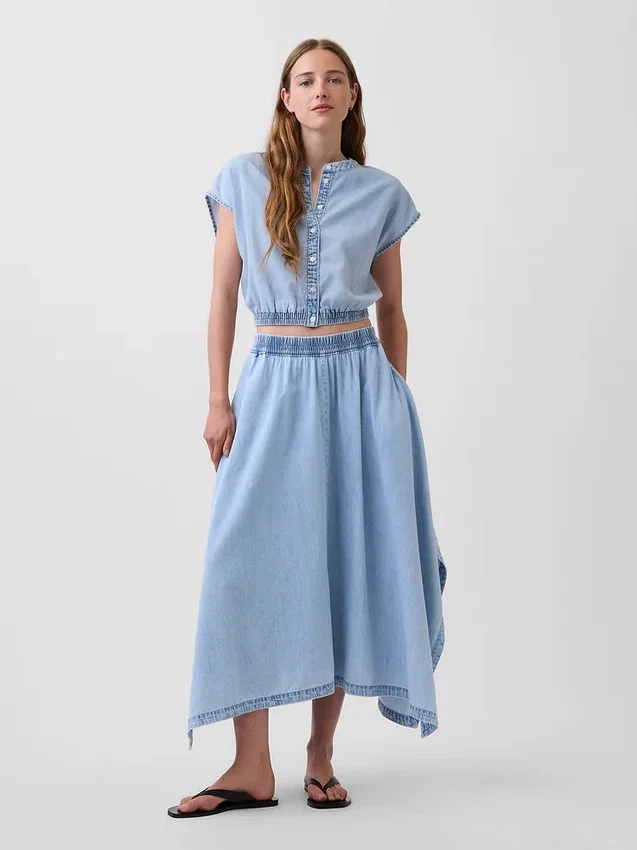 Midi-Rock aus Denim mit Handkerchief-Saum
