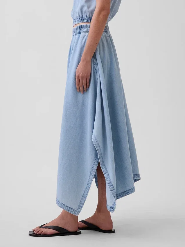 Midi-Rock aus Denim mit Handkerchief-Saum