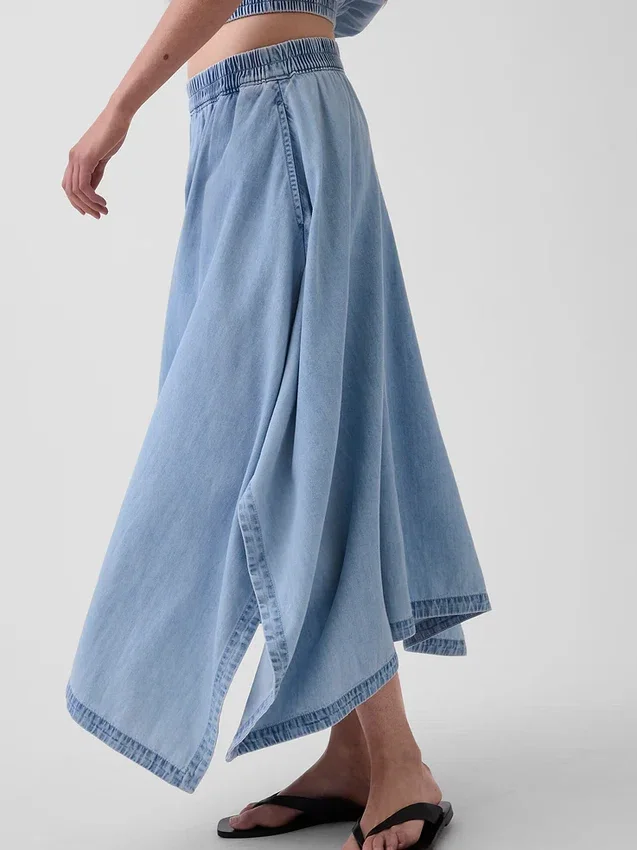 Midi-Rock aus Denim mit Handkerchief-Saum