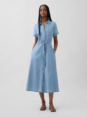 Midi-Shirtkleid aus Denim mit Bindegürtel