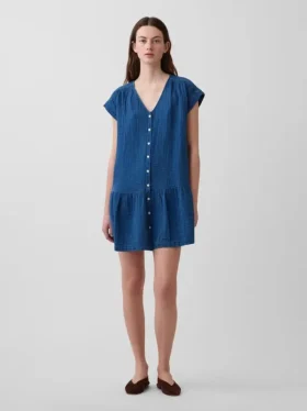 Mini-Hemdkleid aus Baumwollgaze-Denim mit tief sitzender Taille
