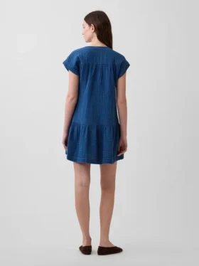 Mini-Hemdkleid aus Baumwollgaze-Denim mit tief sitzender Taille