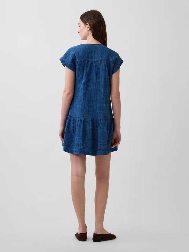 Mini-Hemdkleid aus Baumwollgaze-Denim mit tief sitzender Taille