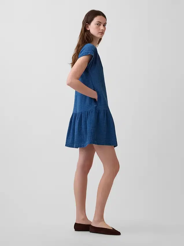 Mini-Hemdkleid aus Baumwollgaze-Denim mit tief sitzender Taille