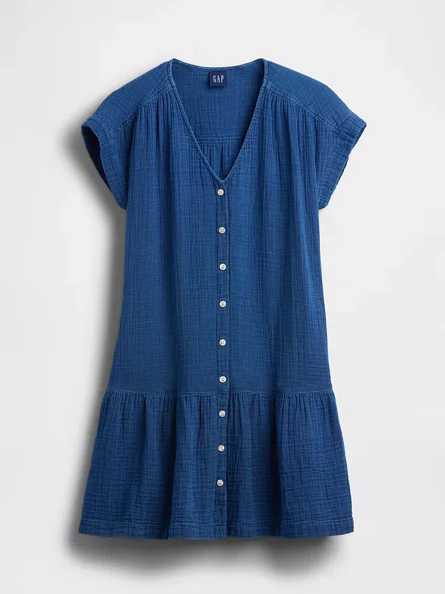 Mini-Hemdkleid aus Baumwollgaze-Denim mit tief sitzender Taille