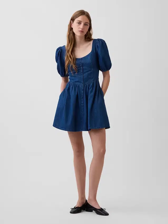 Mini-Kleid aus Denim mit Puffärmeln und Herzausschnitt