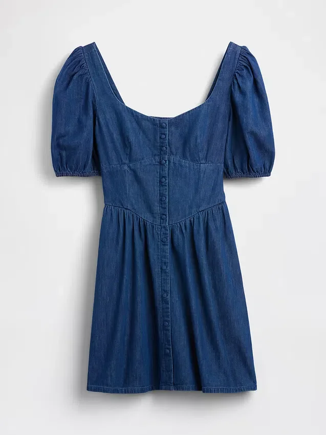 Mini-Kleid aus Denim mit Puffärmeln und Herzausschnitt