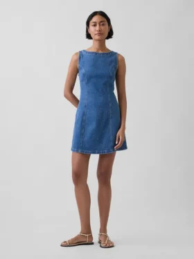 Mini-Kleid aus Denim mit U-Boot-Ausschnitt und offenem Rücken