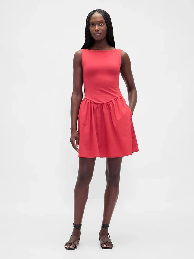 Mini-Kleid aus Materialmix mit tief sitzender Taille