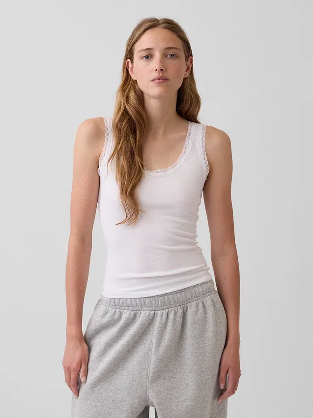 Mini-Pyjama-Oberteil mit Rippenbündchen und Spitzenbesatz