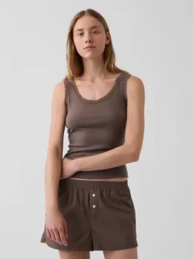 Mini-Pyjama-Oberteil mit Rippenbündchen und Spitzenbesatz