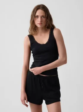 Mini-Pyjama-Oberteil mit Rippenbündchen und Spitzenbesatz