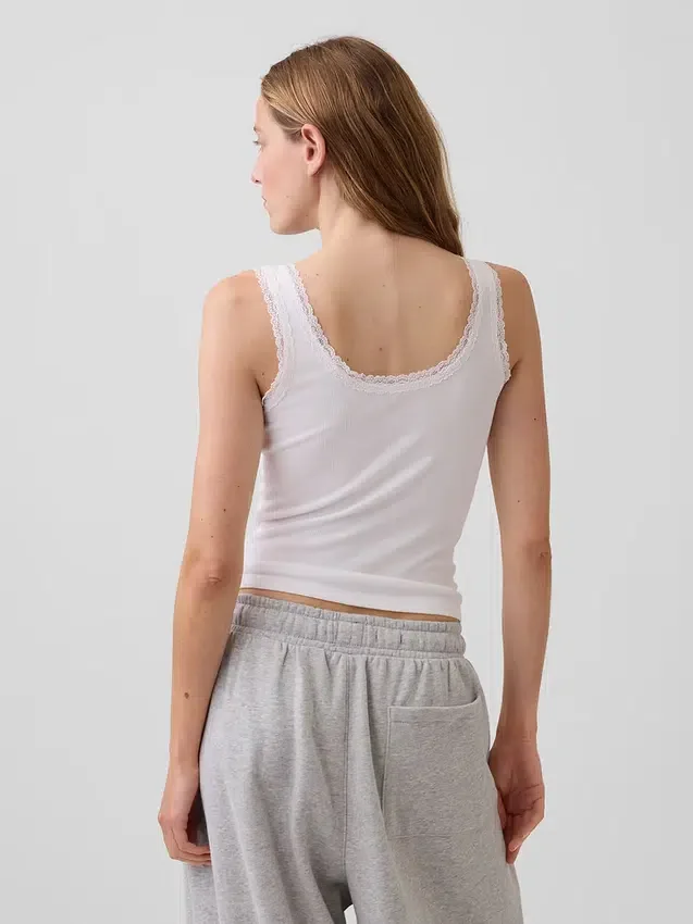 Mini-Pyjama-Oberteil mit Rippenbündchen und Spitzenbesatz
