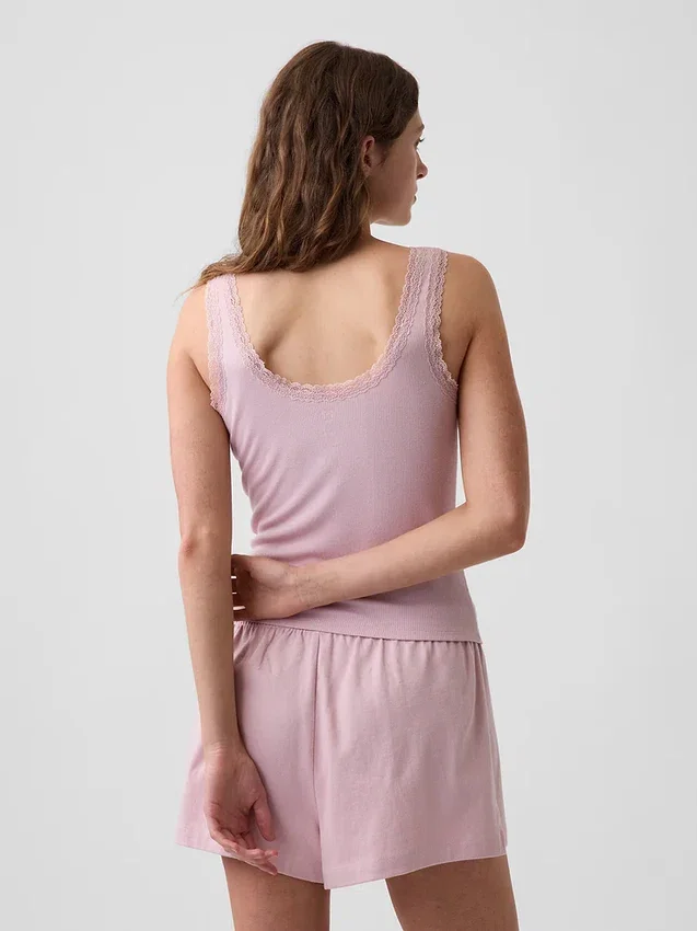 Mini-Pyjama-Oberteil mit Rippenbündchen und Spitzenbesatz