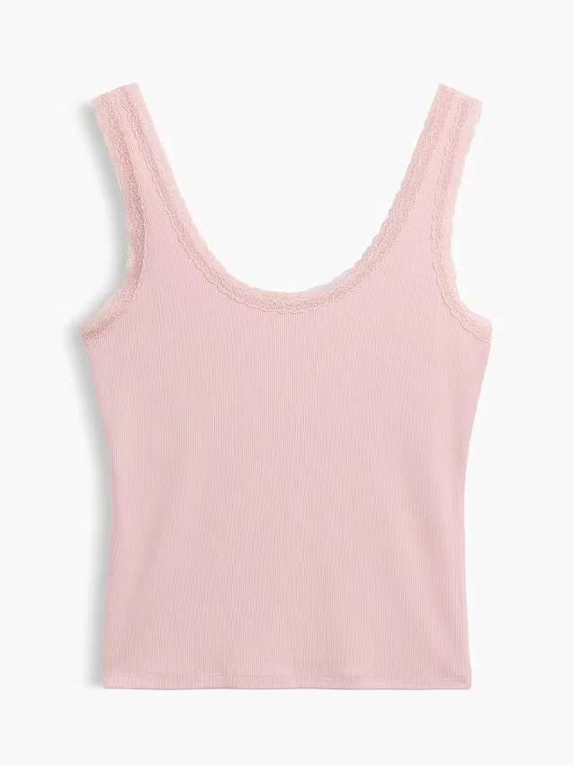 Mini-Pyjama-Oberteil mit Rippenbündchen und Spitzenbesatz